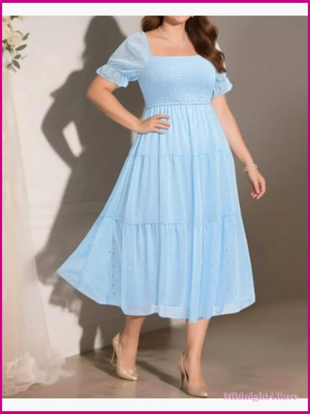 Plus Size Smocked Midi Dress - Square Neck Short Sleeve A-Line Chiffon